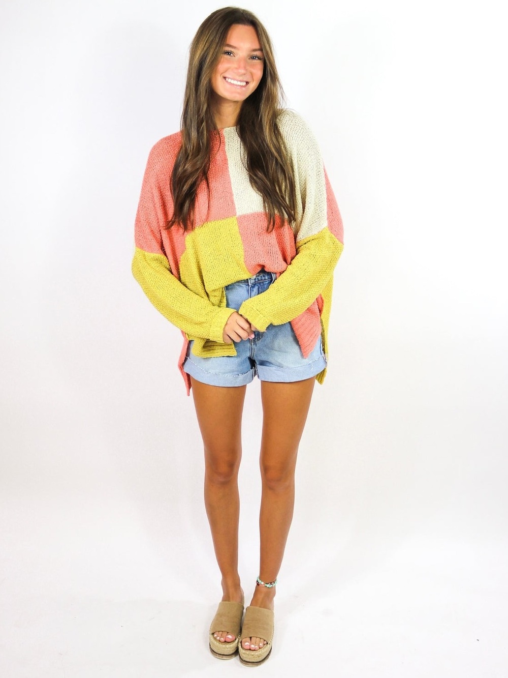 Easel Boutique Coral Mustard Yellow Colorblock Knit Sweater Sz S NWT